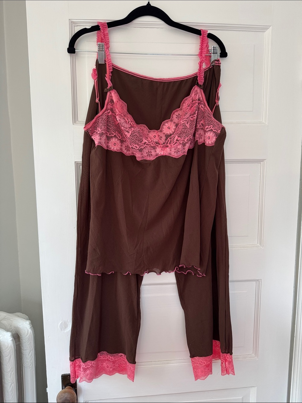 Brown and Pink Lace Camisole Pajama Set